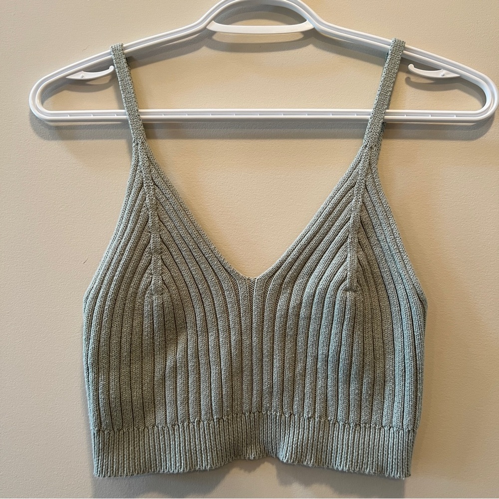 Coco and Shay Sage Green Ribbed Knit Crop Top / Cotton Blend